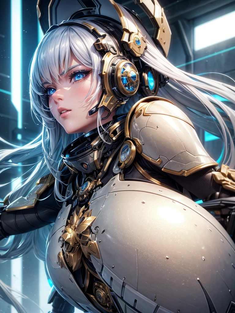a highly detailed and realistic 1girl in a futuristic motorized armored suit, lithe and graceful, anime style, beautiful detailed eyes, beautiful detailed lips, extremely detailed face and features, long eyelashes, complex intricate mechanical design, dynamic pose, glowing energy effects, cinematic lighting, vibrant colors, 8k, best quality, ultra-detailed, photorealistic