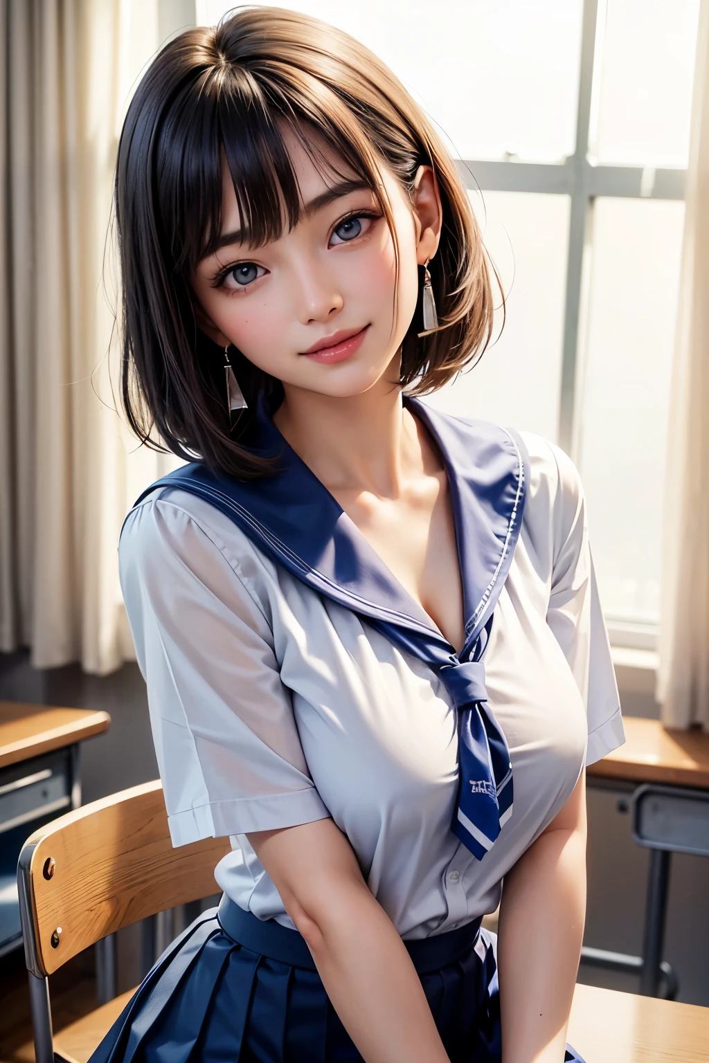 (Masseter muscle area、Highest quality、Best image quality、High definition、Highest quality、Highest Resolution、Draw everything in high resolution、Very beautiful woman)、{Sailor suit|high school girl|blazer|Pleated skirt|mini skirt|Huge boobs} school uniform)、Vivid crystal light blue eyes、Very light-colored eyes、Smaller diamond-shaped earrings、Please look closely at the camera、Listen carefully、Beautiful Hair、Beautiful very short hair with bangs using bangs:1.6、Show off your beautiful décolletage、Beautiful 28 years old、Lip gloss、Long neck、Smile、Cute Smile、Beautiful teeth alignment、Beauty、Beautiful woman、A pure white business shirt with an open chest、Illuminate the light from the window、Slightly larger eyes、Very mature and beautiful woman、Small Face、Tall Supermodels、Broad shouldered supermodel、Very beautiful large breasts、Beautiful cleavage、The background is a school classroom.