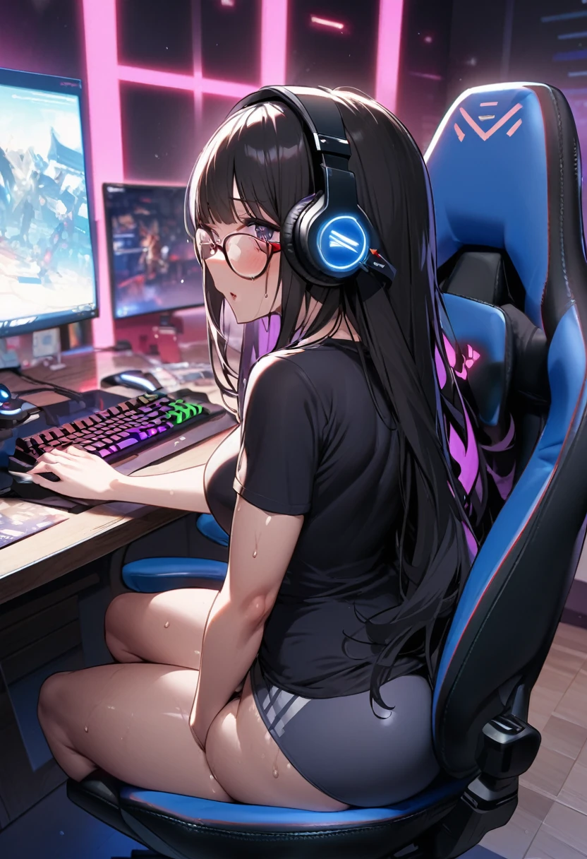 One Woman、beautiful girl、Sit on a chair、big glasses、Dark Room、computer、Sit in a gaming chair、High-end headphones、Grip the game controller、computerに向き合う、beautiful girl, Highest quality, Tight T-shirt、Tight T-shirt、Game Geek、Thick thighs、big 、big Ass、Black Hair、Long Hair、bangs、Sweaty body、I'My whole body is sweaty、Excited、stripe々panties、Play online games、片足を組みながらSit on a chair