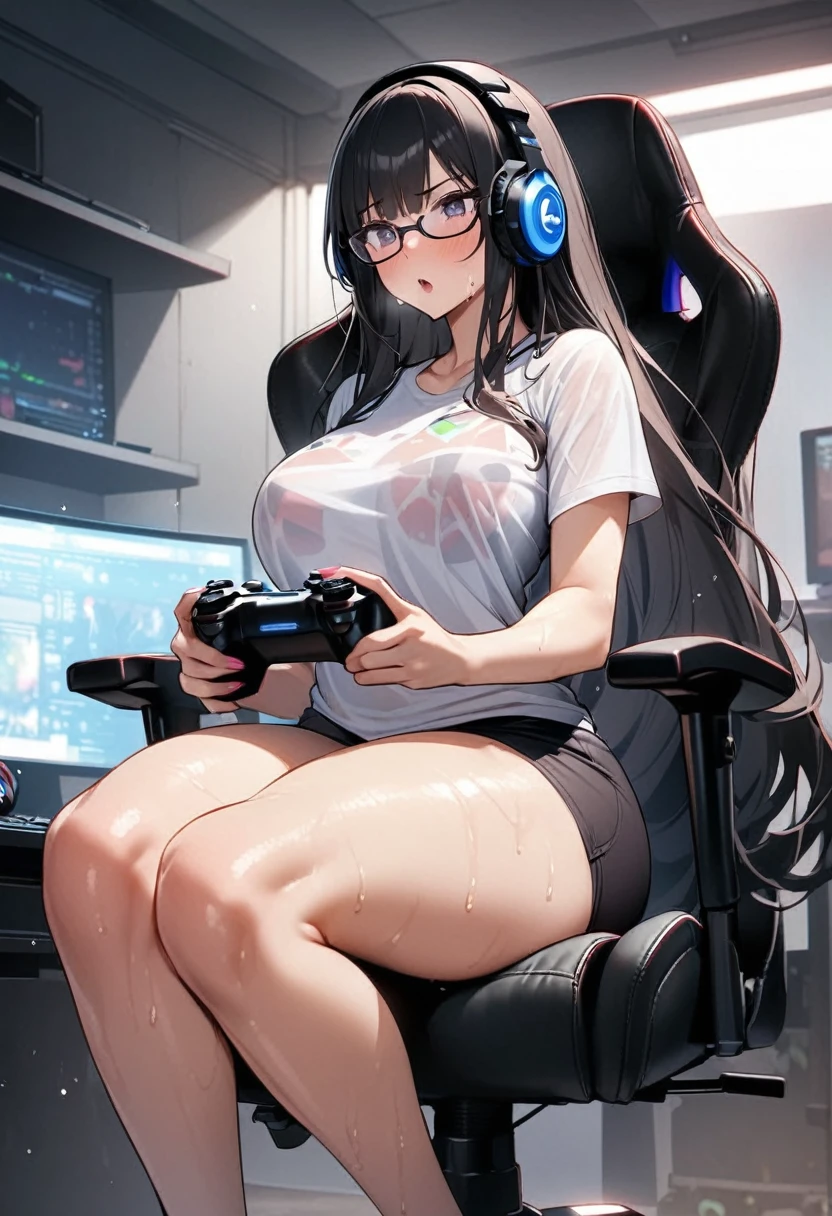 One Woman、beautiful girl、Sit on a chair、big glasses、Dark Room、computer、Sit in a gaming chair、High-end headphones、Grip the game controller、computerに向き合う、beautiful girl, Highest quality, Tight T-shirt、Tight T-shirt、Game Geek、Thick thighs、big 、big Ass、Black Hair、Long Hair、bangs、Sweaty body、I'My whole body is sweaty、Excited、stripe々panties、Play online games、片足を組みながらSit on a chair