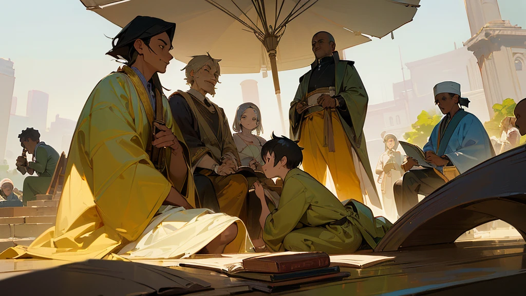 (work of art, best qualityer:1.35) make a group of 6 members children up to smiling, an African boy, a chinese boy, a white, a Brazilian woman, all sitting around the philosopher Diogenes, who is holding a book, perfect lighting, perfect shading