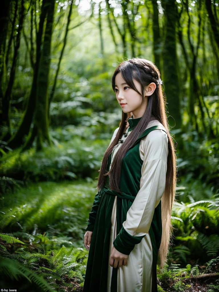 An Asian girl with hair down her shoulders, with elf clothes and in a lush forest with dark colors and without sunlight, but not too dark