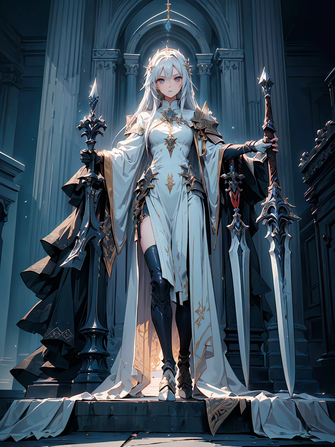 (((masterpiece, best quality, high detailed, 8k))) Design a layout showcase Gaming character, (1girl). White|Gold clothes, stylish and unique. ((showcase weapon:1.4)), holy scepter. (masterpiece:1.2), (best quality), 4k, ultra-detailed. (Step by step design, layout art:1.5), (luminous lighting, atmospheric lighting). priestess, ((glove full hands)), (((revealing clothes:1.3))), vambraces, armored legwear, (((full_body_shot:1.4))). {In a sacred temple}.