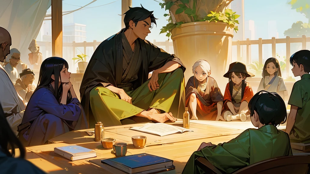 (work of art, best qualityer:1.35) make a group of 7 members children up to 10 years old happy, an African boy, a chinese boy, a white, a Brazilian woman, all sitting around the philosopher Diogenes, who is holding a book, perfect lighting, perfect shading