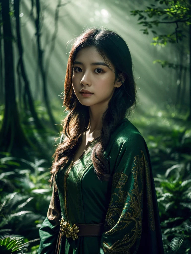 a beautiful asian girl with shoulder-length hair, wearing elven clothes, in a lush forest with dark colors and no sunlight, but not too dark, detailed facial features, elegant pose, fantasy environment, moody lighting, vivid colors, cinematic composition, (best quality,4k,8k,highres,masterpiece:1.2),ultra-detailed,(realistic,photorealistic,photo-realistic:1.37),intricate details,atmospheric lighting,dramatic shadows,mystical atmosphere,mystical forest,vibrant colors