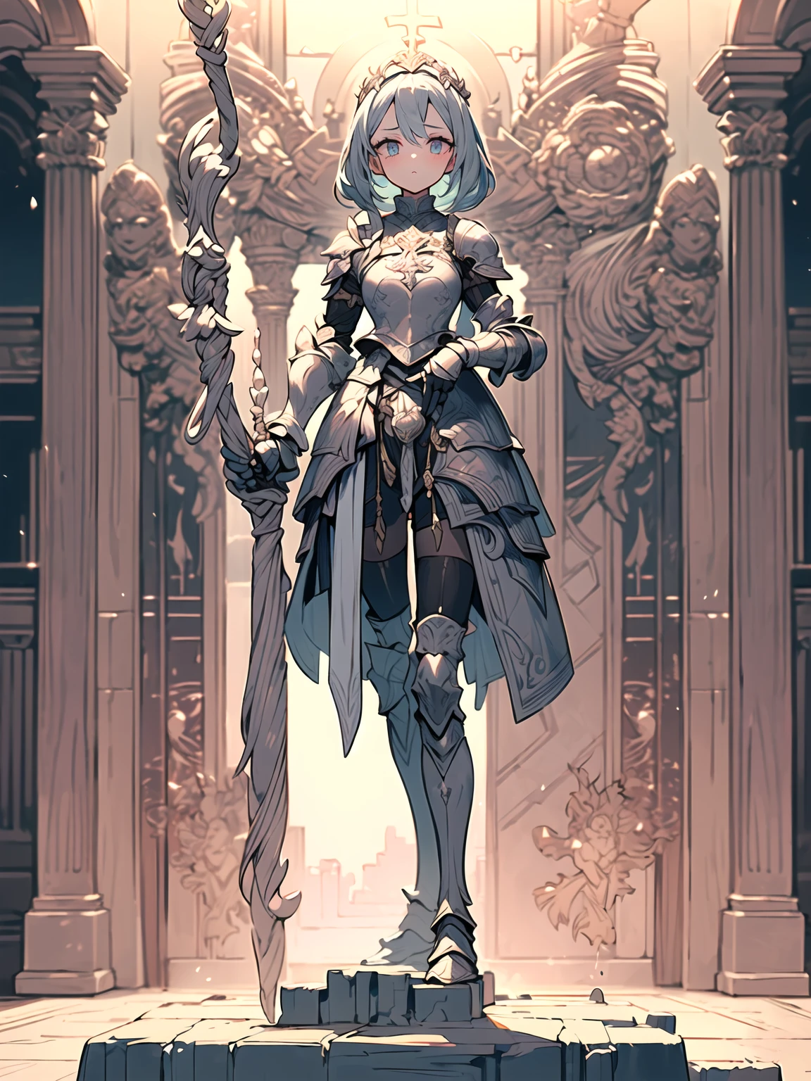 (((masterpiece, best quality, high detailed, 8k))) Design a layout showcase Gaming character, (1girl). White+Gold armor, stylish and unique. ((showcase weapon:1.4)), holy scepter. (masterpiece:1.2), (best quality), 4k, ultra-detailed. (Step by step design, layout art:1.5), (luminous lighting, atmospheric lighting). priestess, ((glove full hands)), (((revealing armor:1.3))), vambraces, armored legwear, (((full_body_shot:1.4))). {In a sacred temple}.
