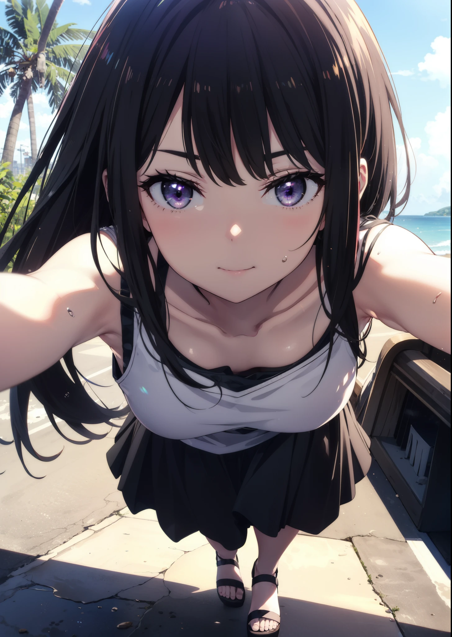 Takiuchikami, Check it out, Long Hair, bangs, Black Hair, (Purple eyes:1.2),Blue Tank Top,White long skirt,Heeled Sandals,Daytime,Clear skies,Palm tree,Walking,smile,Close your mouth,blush,whole bodyがイラストに入るように,
break outdoors, tropical,Tropical,Coastal Road,
break looking at viewer, whole body,
break (masterpiece:1.2), Highest quality, High resolution, unity 8k wallpaper, (figure:0.8), (Beautiful attention to detail:1.6), Highly detailed face, Perfect lighting, Highly detailed CG, (Perfect hands, Perfect Anatomy),