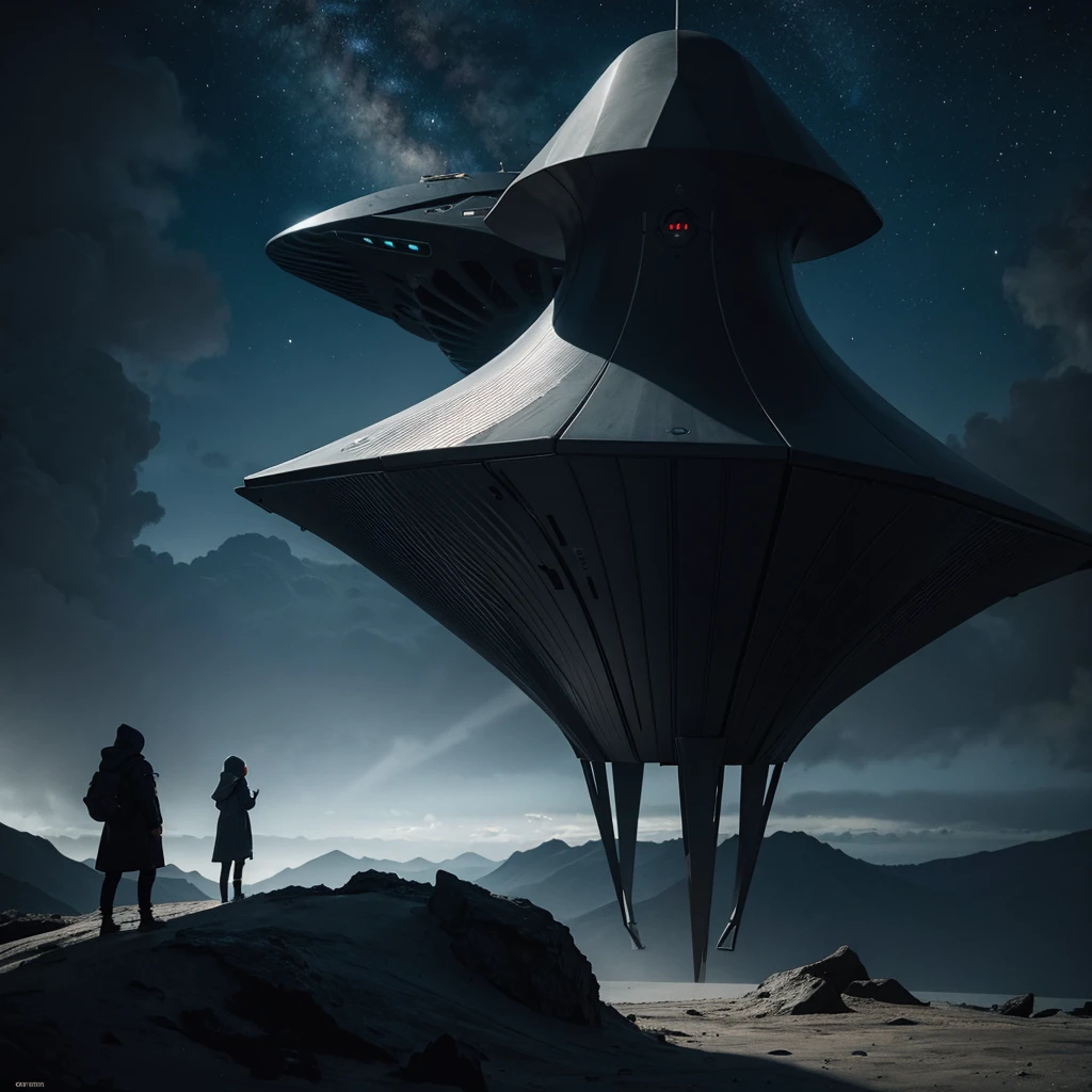 (Best Quality) Hooded people witnessing the landing of a futuristic alien ship with dark color palette