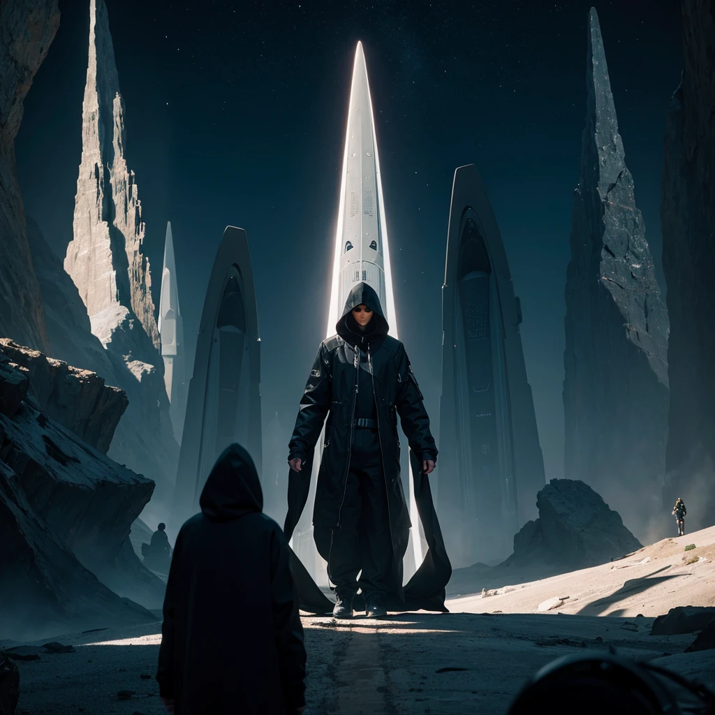 (Best Quality) Hooded people witnessing the landing of a futuristic alien ship with dark color palette