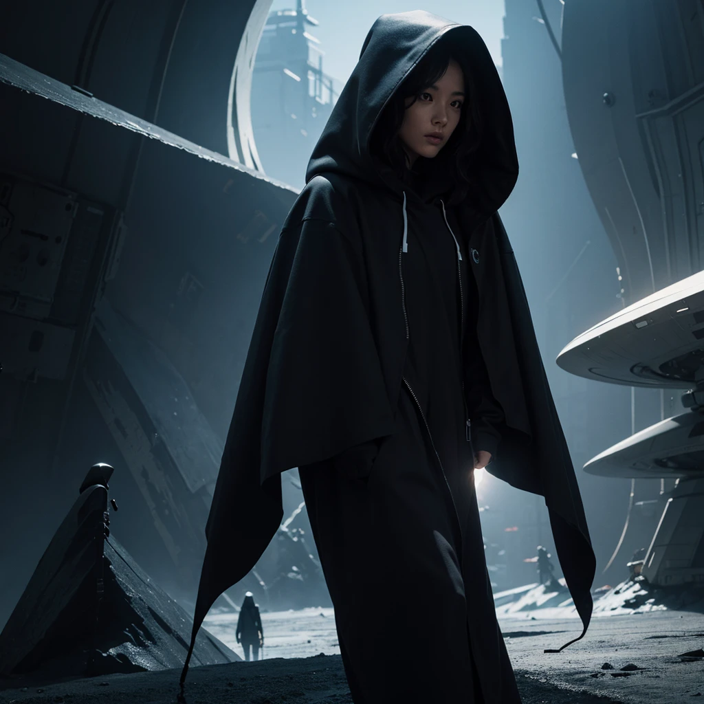 (Best Quality) Hooded people witnessing the landing of a futuristic alien ship with dark color palette