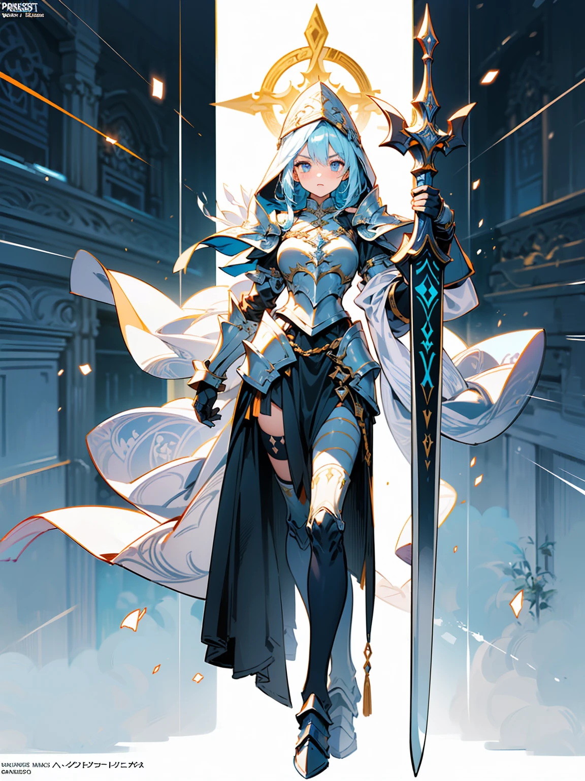 (((masterpiece, best quality, high detailed, 8k))) Design a layout showcase Gaming character, (1girl). White+Gold armor, stylish and unique. ((showcase weapon:1.4)), holy scepter. (masterpiece:1.2), (best quality), 4k, ultra-detailed. (Step by step design, layout art:1.5), (luminous lighting, atmospheric lighting). priestess, ((glove full hands)), (((revealing armor:1.3))), vambraces, armored legwear, (((full_body_shot:1.4))). {In a sacred temple}.