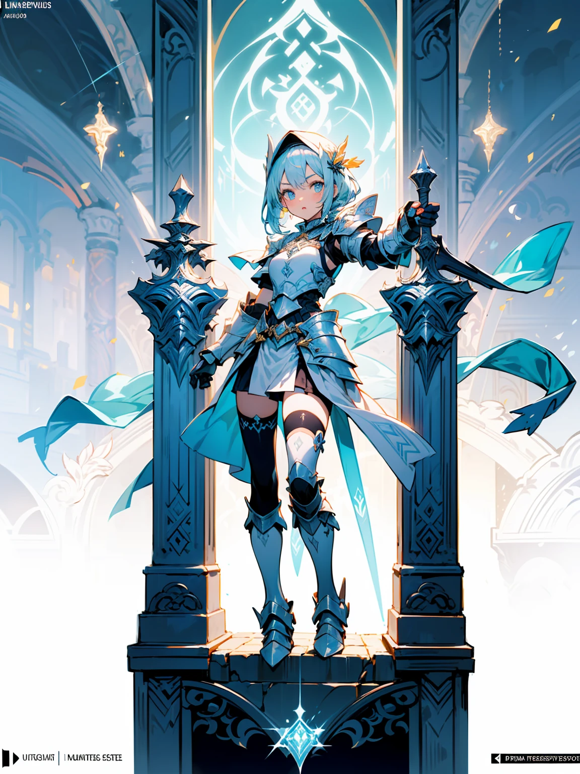 (((masterpiece, best quality, high detailed, 8k))) Design a layout showcase Gaming character, (1girl). White+Gold armor, stylish and unique. ((showcase weapon:1.4)), holy scepter. (masterpiece:1.2), (best quality), 4k, ultra-detailed. (Step by step design, layout art:1.5), (luminous lighting, atmospheric lighting). priestess, ((glove full hands)), (((revealing armor:1.3))), vambraces, armored legwear, (((full_body_shot:1.4))). {In a sacred temple}.