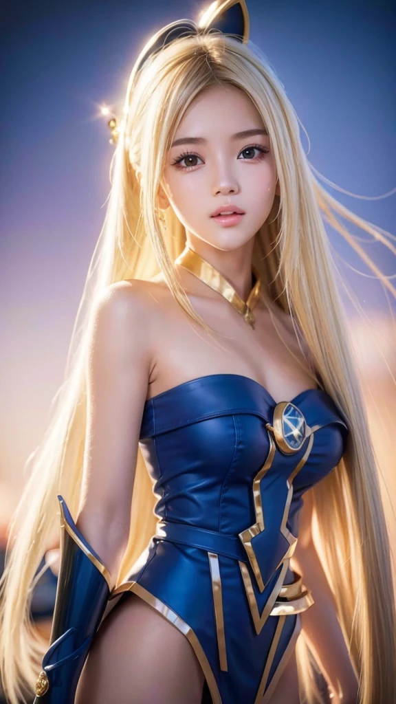 Retrato dark magician girls、、expresión bright、Horse tail、young, Glossy, bright, White skin、cheek highlighting、The best beauty、Clear, silky blonde hair with dazzling highlights、Cabello bright y bright,、Super Long Silky Straight Hair、Flequillo hermoso y bright、Grandes ojos azules brights como joyas brights.、very beautiful pretty pretty 16 year old girl、wide bust