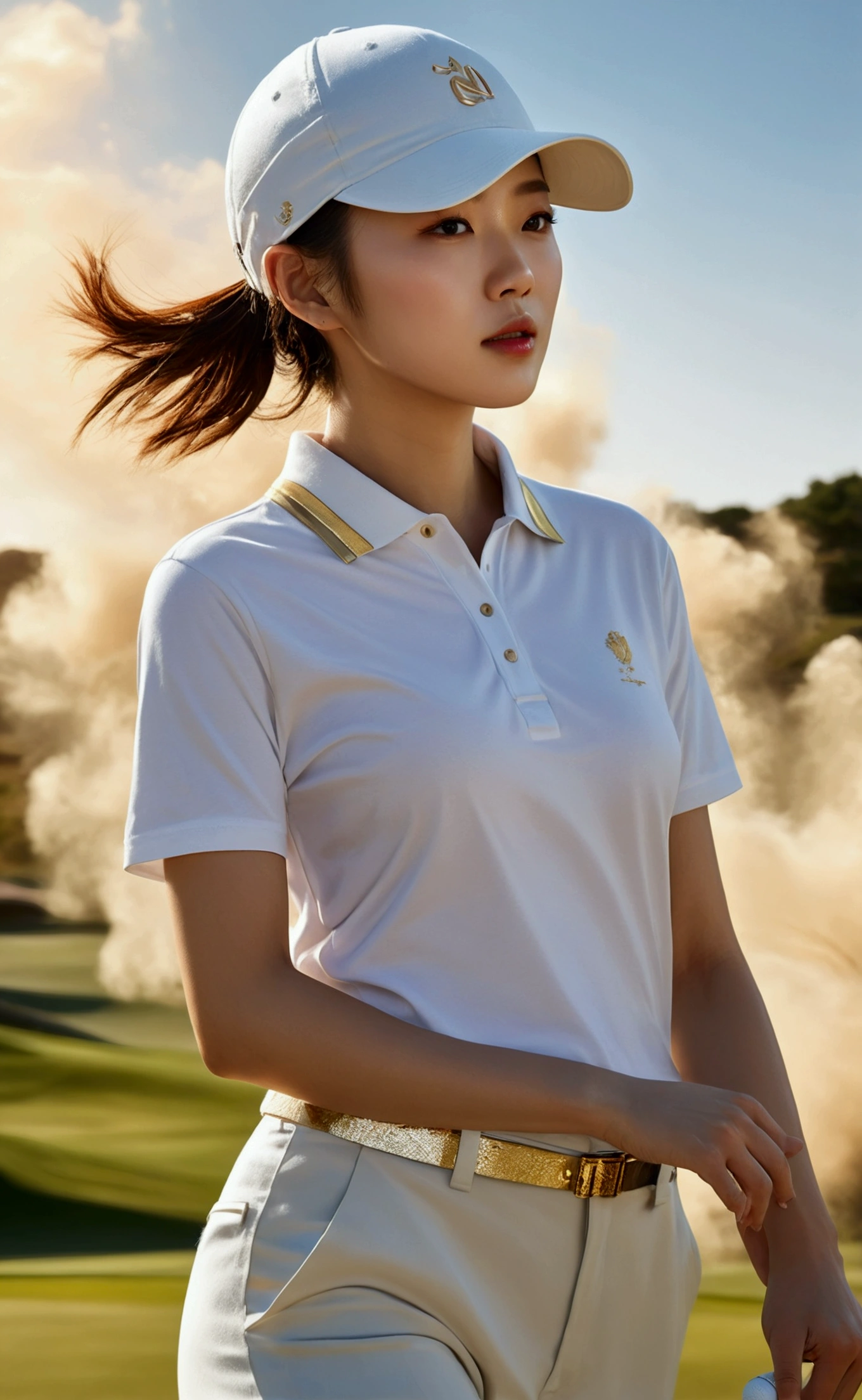 Jang Gyu-ri,1 woman, dynamic angle, 골프장 in the foreground, full body view, white t-shirts, With golden accessories,Light Tracing, (wind blowing dust:1.2) in the foreground,(short hair), hot sun,(white golf hat),professional model, (realistic:1.4), official art, fractal art,unity 8k wallpaper, very detailed, beautiful and aesthetic,look at the viewer, masterpiece,best quality, glowing skin, cinematic lighting