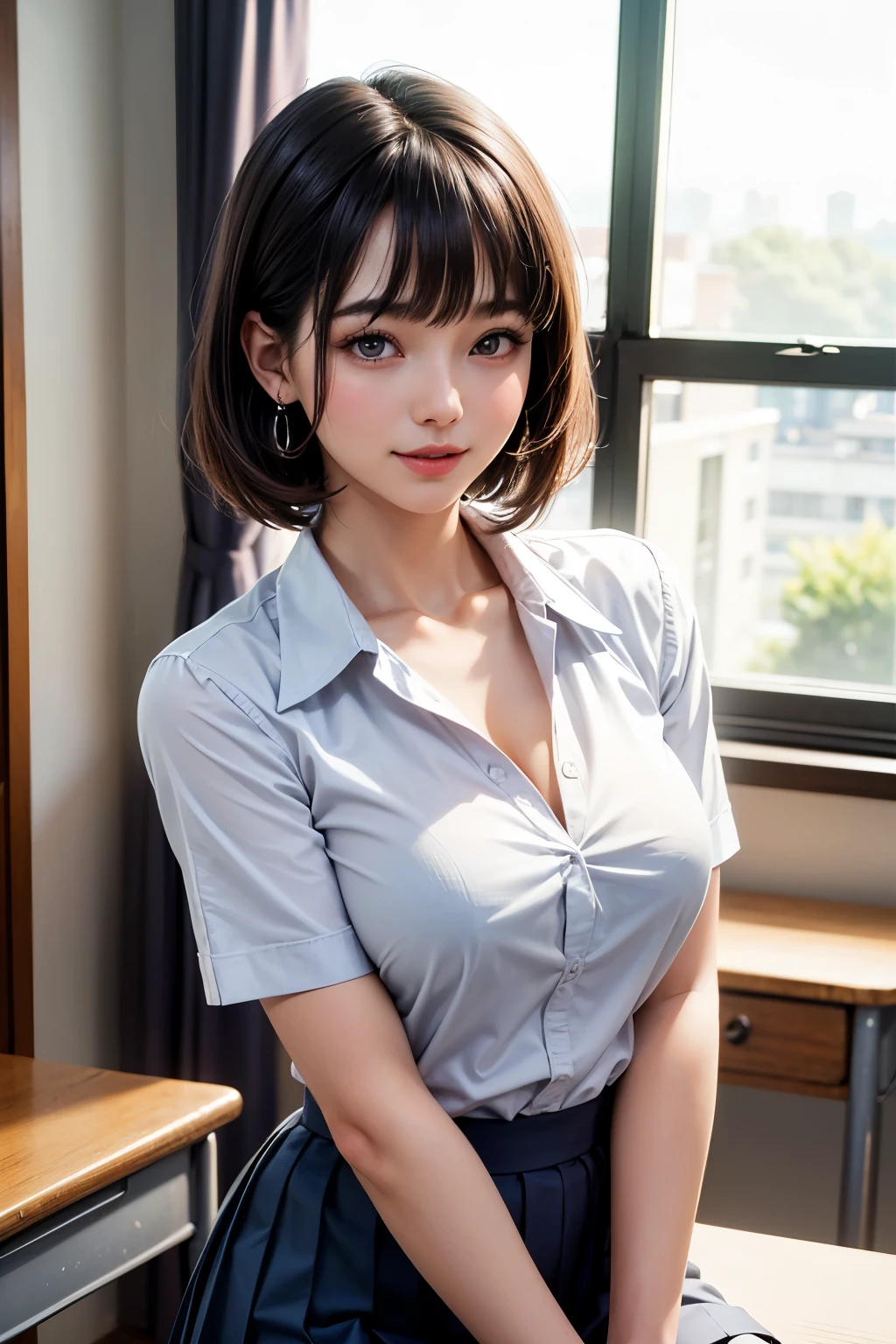 (RAW, best quality, masterpiece:1.5), (photo realistic, intricate details:1.2), ultra highres, absurdres,
1girl, beautiful face, blue eyes, green eyes, detalied eyes, symmetric eyes, light on face, nose blush, short hair, black hair tie, 
clk, vest, suit, pencil miniskirt, unbuttoned white shirt, loose silk scarf, black pantyhose, [:20d, :0.8],
smile, small dimples, sexually suggestive, 
medium breasts, slim waist, slim legs, long legs,
sitting on chair in front of desk, perfect body, good proportions,
looking at viewer, 
(office, indoor, hyper detailed background:1.2), japan, copy machine, file cabinet, computer, monitor,
shiny skin, real skin texture, 
natural lighting, best lighting, detailed background, detailed shadow, sharp focus, depth of field f/2,
saturated, high contrast, strong light and shadow