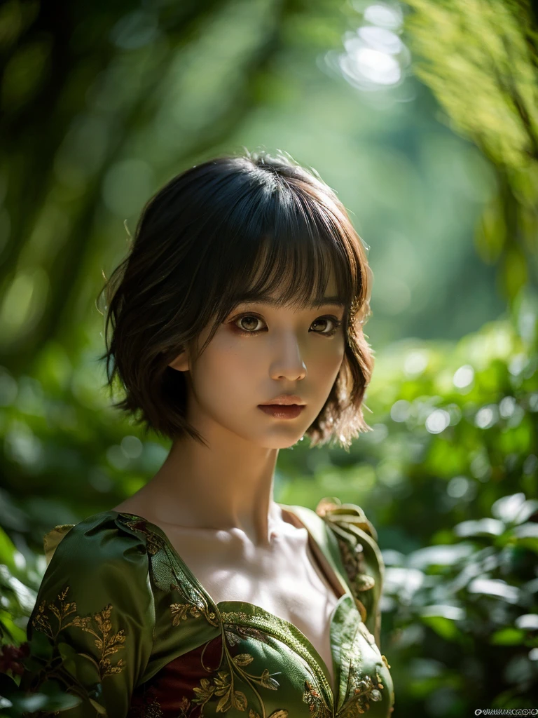 a beautiful asian girl with short hair, in a lush dark forest, wearing an elf dress, detailed face, beautiful eyes, flawless skin, detailed clothing, natural lighting, fantasy, cinematic, dramatic, highly detailed, intricate, masterpiece, photorealistic, 8k, vibrant colors, dramatic lighting