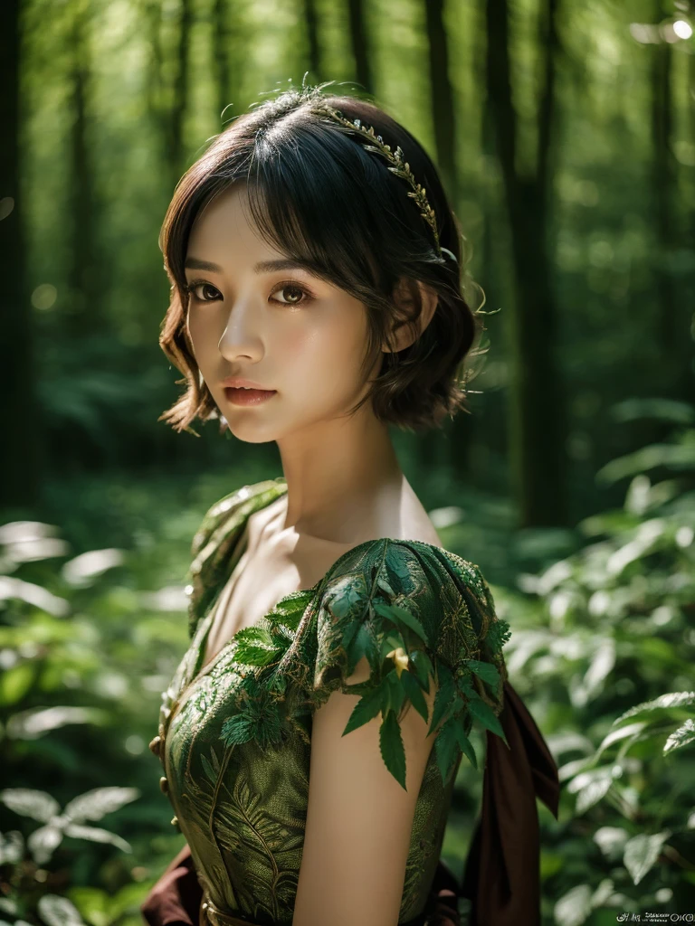a beautiful asian girl with short hair, in a lush dark forest, wearing an elf dress, detailed face, beautiful eyes, flawless skin, detailed clothing, natural lighting, fantasy, cinematic, dramatic, highly detailed, intricate, masterpiece, photorealistic, 8k, vibrant colors, dramatic lighting