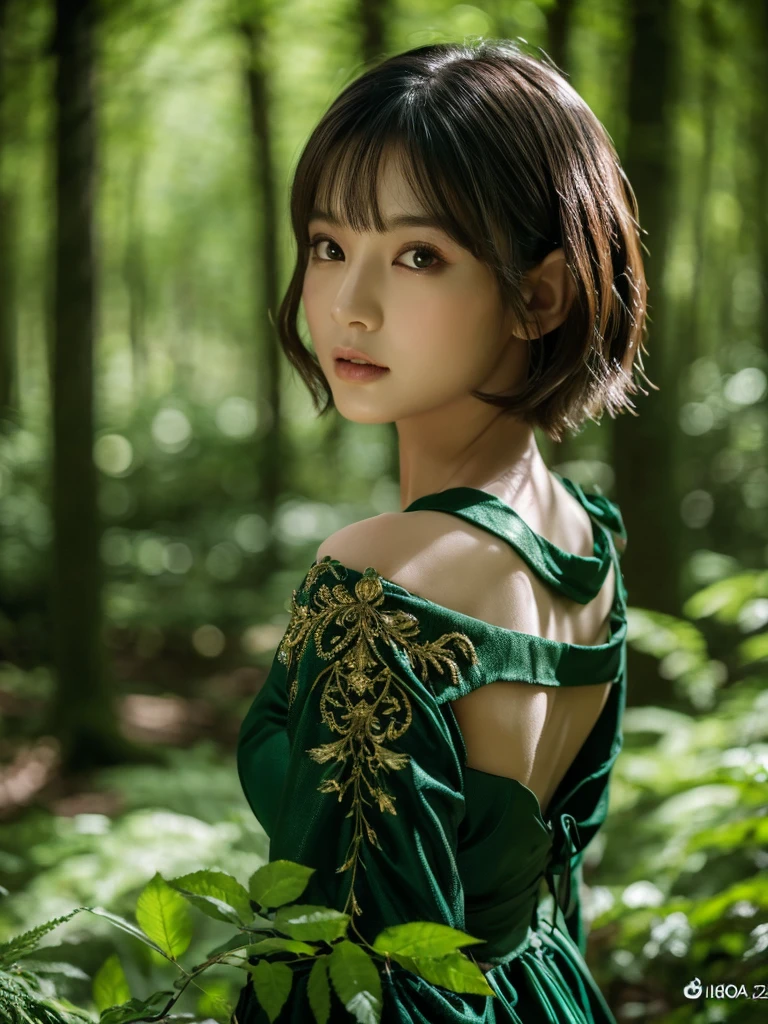 a beautiful asian girl with short hair, in a lush dark forest, wearing an elf dress, detailed face, beautiful eyes, flawless skin, detailed clothing, natural lighting, fantasy, cinematic, dramatic, highly detailed, intricate, masterpiece, photorealistic, 8k, vibrant colors, dramatic lighting