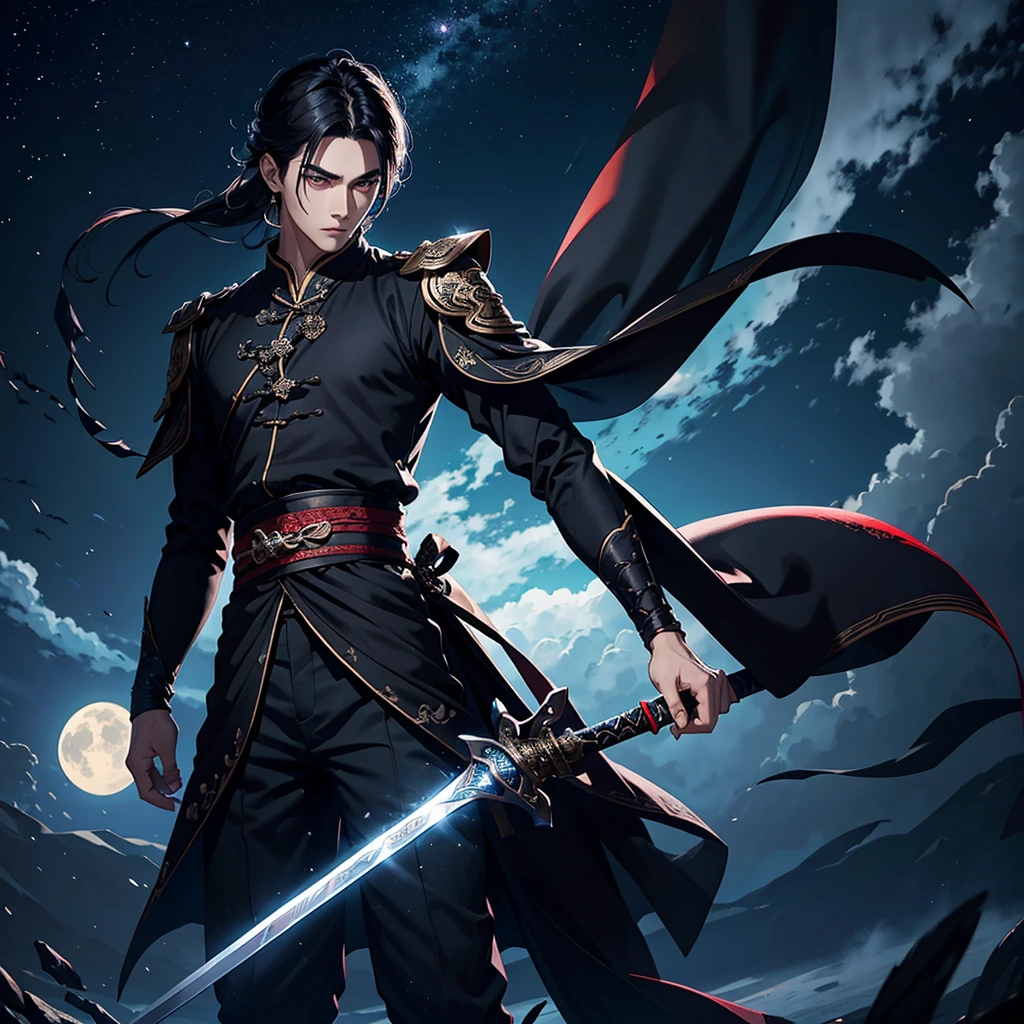Good-looking,Sword eyebrows starry eyes,Handsome man in his 20s wearing black Chinese clothing,A dagger on his waist,The sky is dark and the moon is high. Very handsome back