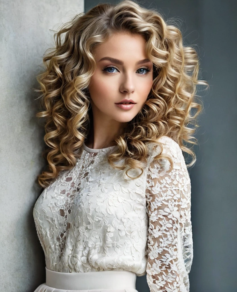  with dark blonde curly hair, a beautiful and delicate outfit 