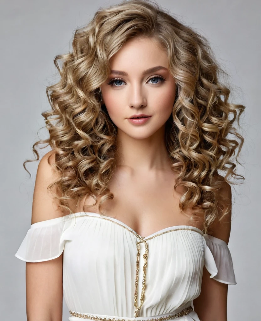 with dark blonde curly hair, a beautiful and delicate outfit
