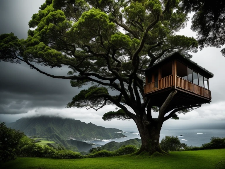 ((ultra realisitic)), ((picture-perfect)), ((face perfect)), ((ultra detaild)), ((fully body)), ((perfectbody)), a tree house, cozy place, secret, de madeira, In the background a sky with very dark clouds, ((a house at the top of a tree)), in the middle of a forest