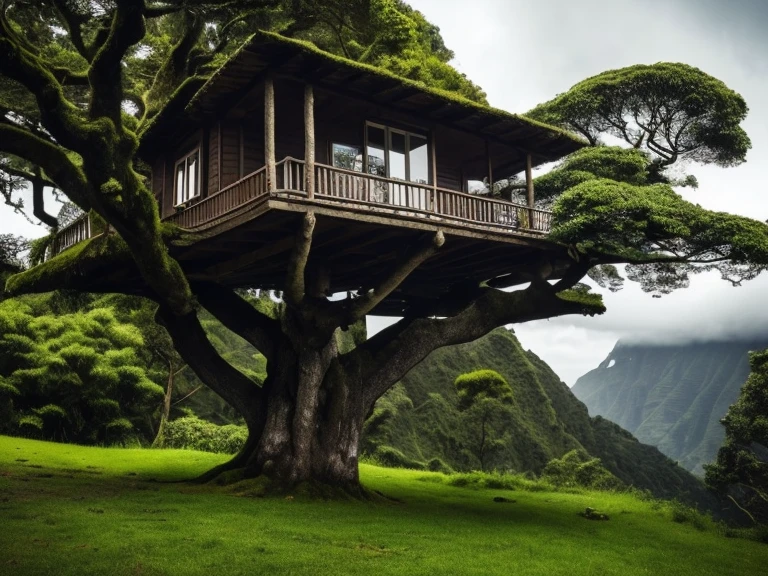 ((ultra realisitic)), ((picture-perfect)), ((face perfect)), ((ultra detaild)), ((fully body)), ((perfectbody)), a tree house, cozy place, secret, de madeira, In the background a sky with very dark clouds, ((a house at the top of a tree)), in the middle of a forest