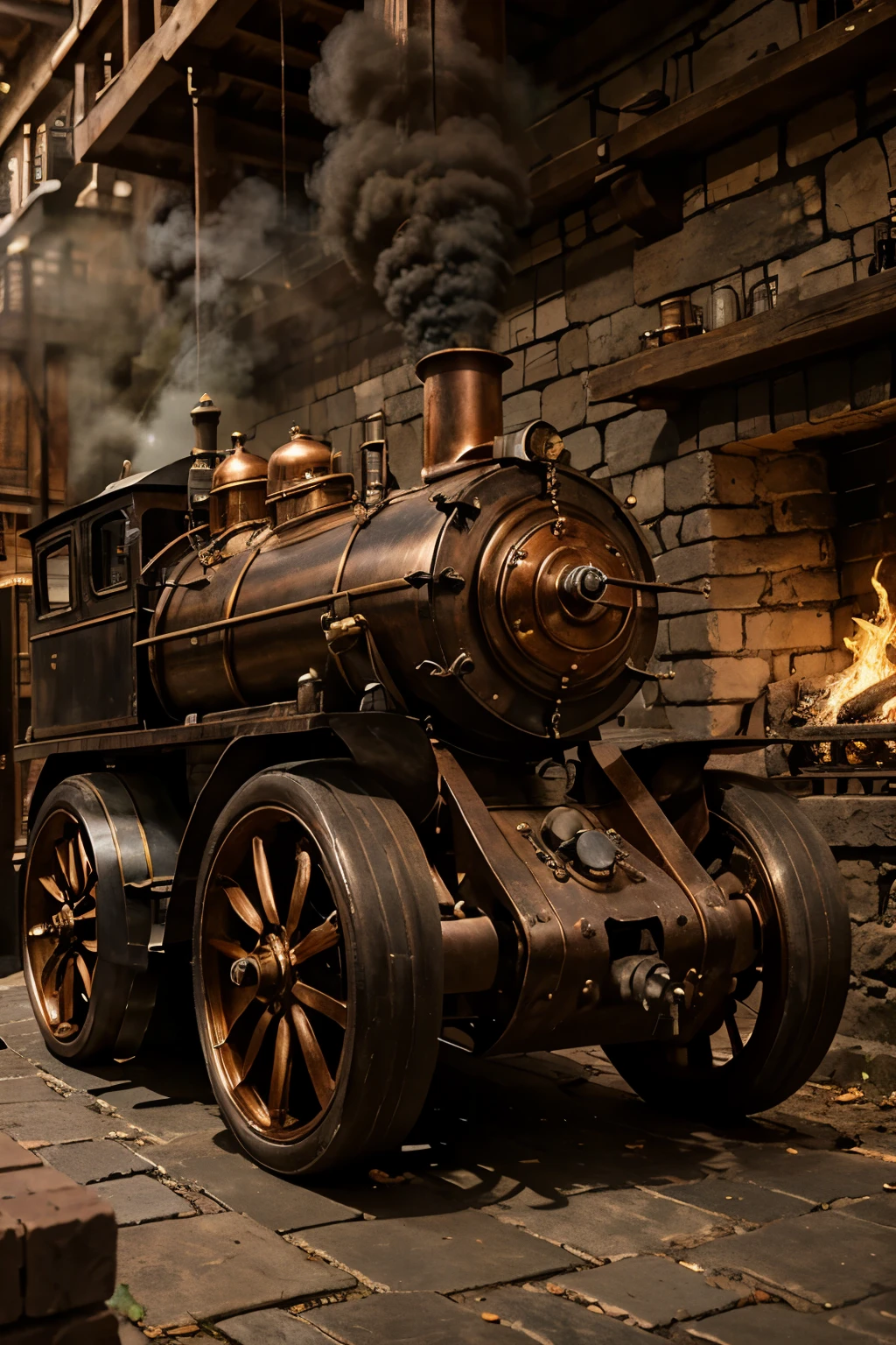 steam vehicle. motor.exposed. copper and brass. metal wheels. Chimney. black smoke. Watchmaking. Cristsl. Compñicado. bright. cobblestones