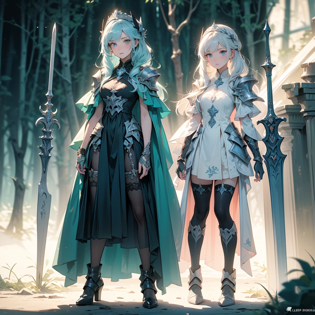 (((masterpiece, best quality, high detailed, 8k))) Design a layout showcase Gaming character, (1girl). Blue|White clothes, stylish and unique. ((showcase weapon:1.4)), ice sword. (masterpiece:1.2), (best quality), 4k, ultra-detailed. (Step by step design, layout art:1.5), (luminous lighting, atmospheric lighting). ice queen, ((glove full hands)), (((revealing clothes:1.3))), vambraces, armored legwear, (((full_body_shot:1.4))). {In a forest}.