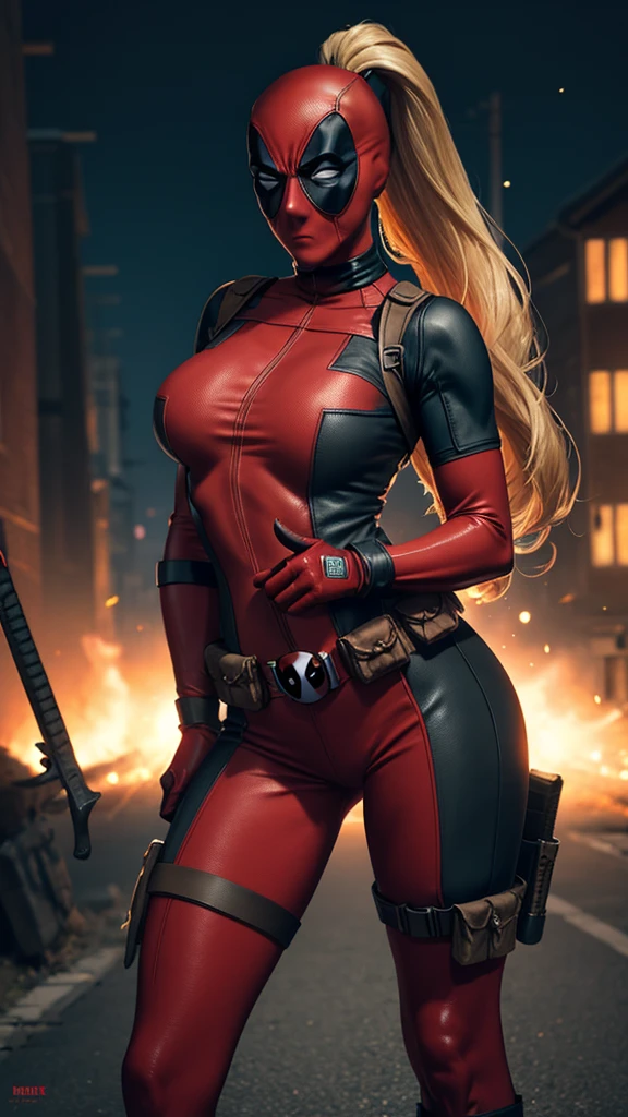 masterpiece, best quality, highres, contrapposto,BodySuit_lady_deadpool_ownwaifu,
1girl, mask, blonde hair, ponytail, long hair, large breasts, no pupils,
bodysuit, skin tight, superhero, belt pouch, utility belt, red bodysuit, gloves, weapon on back, thigh pouch, thigh strap, thigh holster, belt buckle, turtleneck, light particles, depth_of_field, scenery, night, closeup, solo,