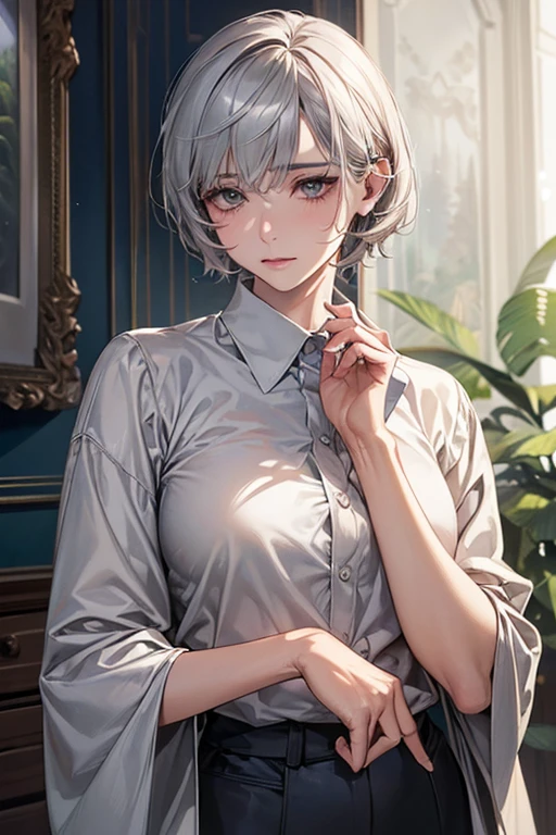 ((Highest quality)),(超High resolution),(Very detailed),(Detailed Description),((The best CG)),(masterpiece),Ultra-detailed art、(Highest quality、8k、32K、masterpiece)、(Realistic)、(Realistic:1.2)、(High resolution)、Very detailed、Very beautiful face and eyes、1 female、((Narrow eyes、Droopy eyes:1.4、fine grain))、((Very short hair:1.3、Gray Hair))、Tight waist、Delicate body、(Highest quality、Attention to detail、Rich skin detail)、(Highest quality、8k、Oil paints:1.2)、Very detailed、(Realistic、Realistic:1.37)、Bright colors、"Pale blue tight fitting lab coat、Smart collar、Hidden snap buttons at cuffs、A pastel colored blouse underneath、Silver high sensitivity stethoscope、Smart Watches、A doctor carefully listens to a patient's heartbeat with a stethoscope。The room is equipped with advanced medical equipment and displays showing patient data.、The environment is clean and bright、It's a professional atmosphere。"