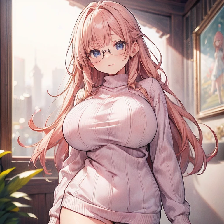 Anime Kawaii sexy Perfect Slim sensual body large breast and huge thighs, An intricate and highly detailed illustration of anime (Young girl). (breathtaking mature beauty,intellectual and elegant,luminous pink sweater,chestnut hair,(best qualityer,work of art:1.2),full - length photo,perfect figure,wearing glasses,Very clean,exquisite facial features,ultra detali,bokeh)