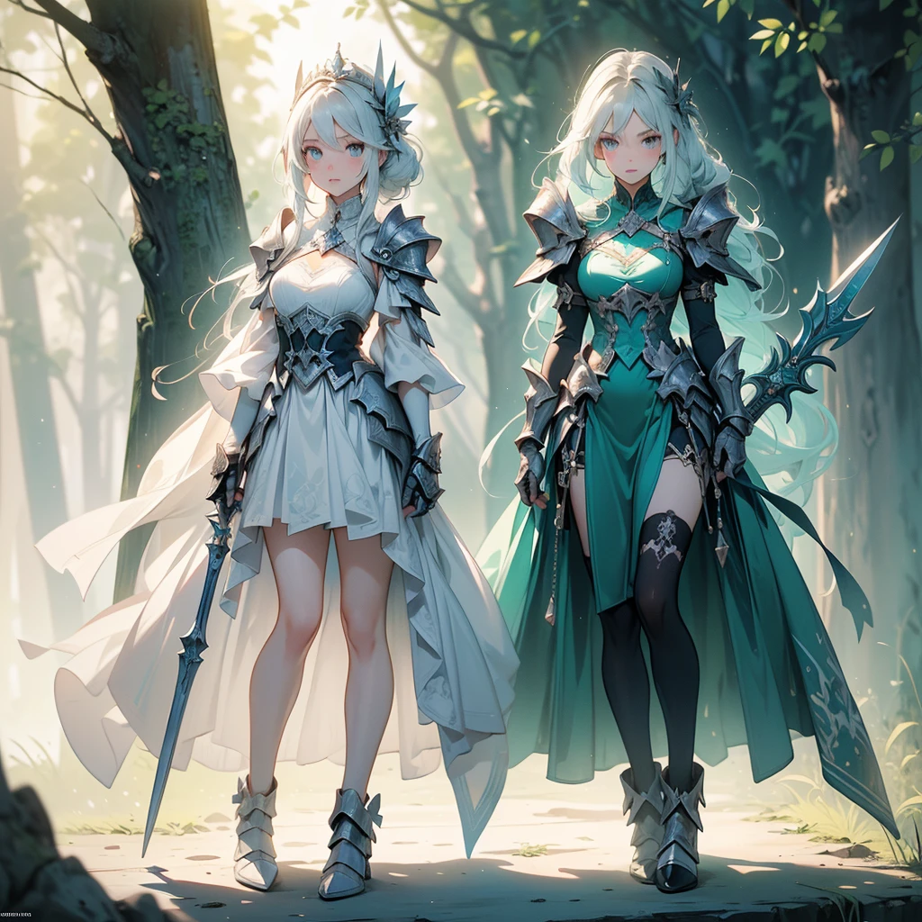(((masterpiece, best quality, high detailed, 8k))) Design a layout showcase Gaming character, (1girl). Blue|White clothes, stylish and unique. ((showcase weapon:1.4)), ice sword. (masterpiece:1.2), (best quality), 4k, ultra-detailed. (Step by step design, layout art:1.5), (luminous lighting, atmospheric lighting). ice queen, ((glove full hands)), (((revealing clothes:1.3))), vambraces, armored legwear, (((full_body_shot:1.4))). {In a forest}.