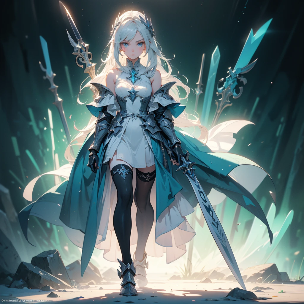 (((masterpiece, best quality, high detailed, 8k))) Design a layout showcase Gaming character, (1girl). Blue|White clothes, stylish and unique. ((showcase weapon:1.4)), ice sword. (masterpiece:1.2), (best quality), 4k, ultra-detailed. (Step by step design, layout art:1.5), (luminous lighting, atmospheric lighting). ice queen, ((glove full hands)), (((revealing clothes:1.3))), vambraces, armored legwear, (((full_body_shot:1.4))). {In a forest}.
