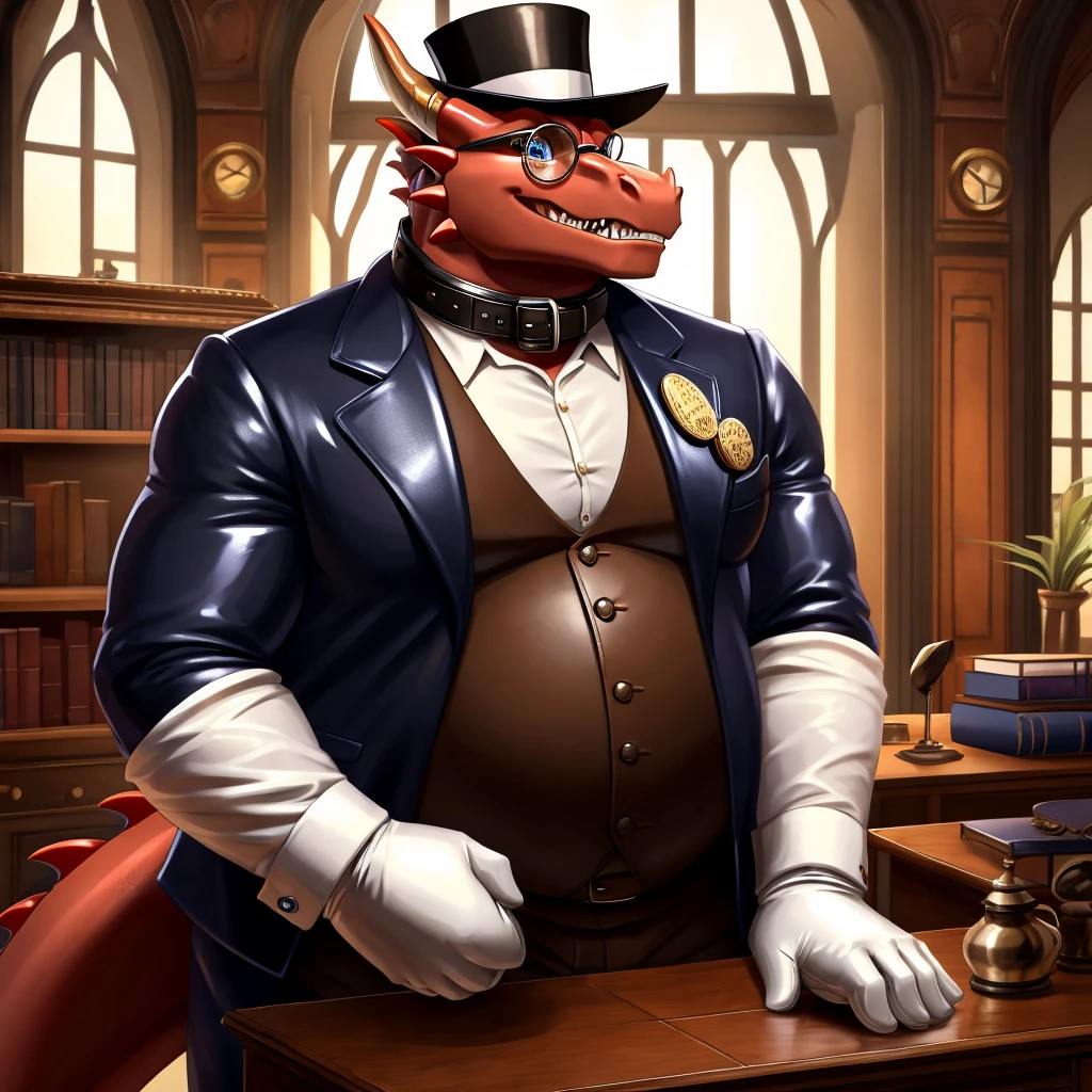 Solo, Male, fat, extremely obese, gentleman, dapper Professor Dragon, blue eyes, (posing:1.3), (soft shading), 4k, hi res, ((detailed face, detailed)), looking at viewer, mouth wide open, steampunk, dapper clothing, collared shirt with buttons, top hat, male focus, Explorer Outfit, glasses, monocle, vest with buttons, sleeves rolled up, round eyewear, brown headwear, brown vest, office, Dragon is wearing a glossy leather dog collar around the neck, Dragon is wearing the leather collar and shirt and vest at the same time, Dragon is wearing glossy white rubber gloves on the hands, wearing white rubber gloves on the feet, gloves are rubber in texture, clenching teeth, clenching fists, leather collar is glossy and shiny with a lot of detail, Dragon is wearing gloves and leather collar at the same time, leather collar has a round dog-tag, leather collar is thick and detailed, leather collar is glossy and shiny, fancy clothing, dapper vest, dapper shirt, leather collar is thick, glossy leather collar, leather collar is thick and glossy, rolled up sleeves.