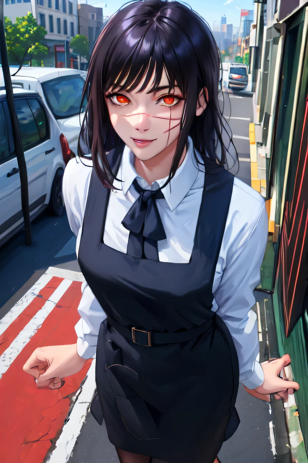 ray tracing, absurderes, offcial art, illustration, (((work of art))),(((best qualityer))),((ultra detali)), 1 girl, aged up_High above, standing alone, looking ahead at viewer, you, scar on the face, surrounded eyes, Bblack hair, long hair, Grinning, cinta, black cinta, apron dress, black apron dress, High aboveper-body, city background, Street