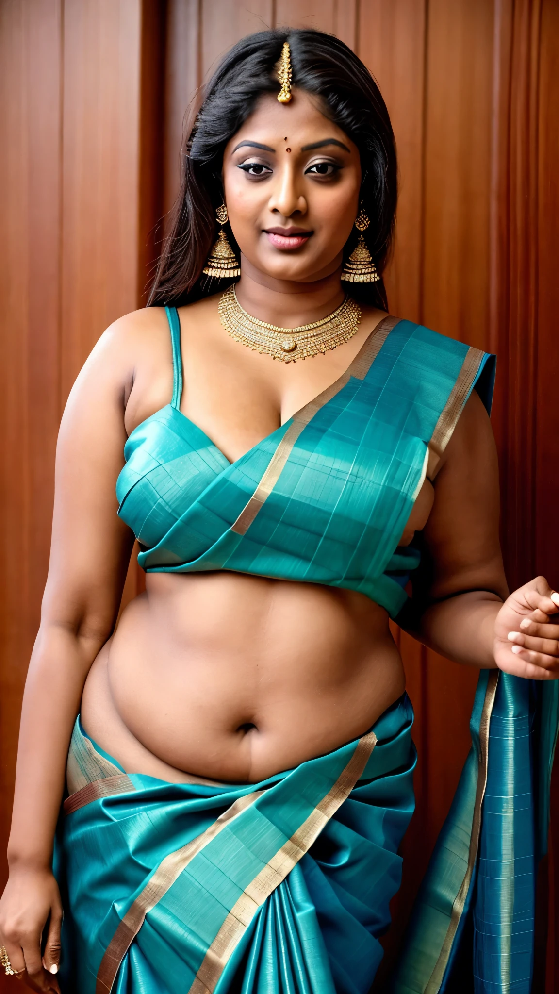 Looks like Indian Actress Ester Noronha, stunning beauty, enchantress, maharani, beautiful like apsara, An Extremely gorgeous and beautiful Bengali village woman, 55 yo, pale white skin, sensual appealing body, perfect thick and chubby Beauty, wearing saree bare-chested, wearing a Bengali-style saree without a blouse,, ethnic vintage bengali village woman, bengali style saree, The sari was worn without a blouse and petticoat before the British Raj, baring one's chest or being blouseless, intricate , Bengalis a.k.a. Bongs are known for their unique Bengali fashion sense (the way they don that sari makes you go wow), Pre British Raj, Pre colonial era, Bengali Woman draping sari without blouse is a normal thing in pre British Era, bong woman, wearing kajal or kohl or kajol in eyes, enchanting face, fluent body language and her own appeal is truly different, thick fleshy navel, juicy lips, beautiful curvy village woman, desi gorgeous Bong aunty, curvy beauty, Bengali bhabhi , deep juicy navel, juicy figure, skin pores, skin texture, highly detailed, sensually appealing, appealing figure, appealing body language,