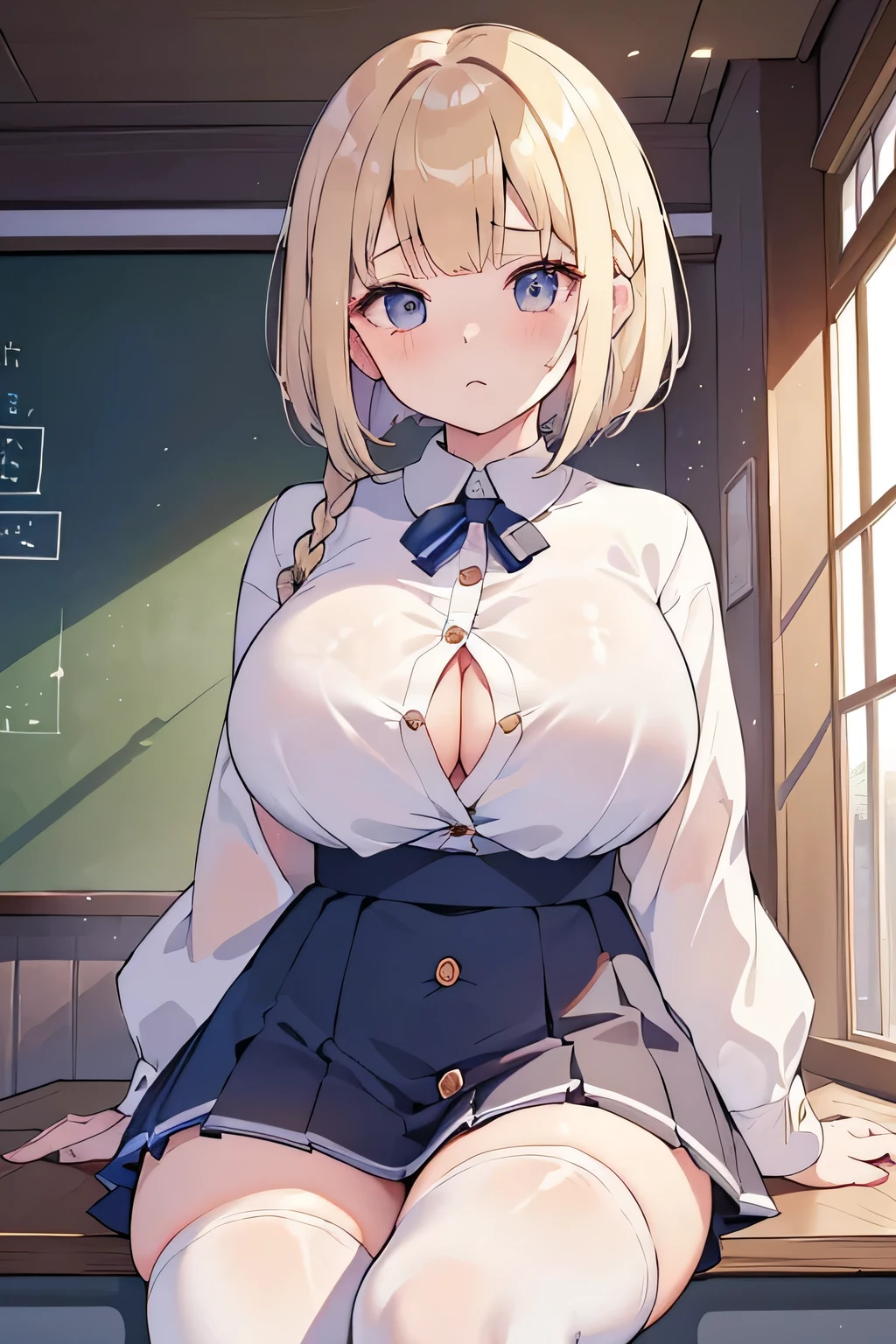 Highest quality、High resolution、Detailed Background、(Beautiful face in every detail:1.4)、Anatomically correct、age beauty、(Huge breasts:1.3)、(Detailed facial expressions)、Light color hair、Braided Ponytail、Braided bob cut、cute hairstyle、Perfect body line、
No sleeve、cuteJK uniform、Checkered pleated mini skirt、White Stockings、classroom、Accentuate your breasts、Show your side、Blushing、Troubled expression、Cute gestures、Cowboy Shot、(underboob:1.2)、Raise your arms and show your side、
(The button on her uniform blouse has broken and her breasts are spilling out:1.5)、(View from below of a girl sitting at a desk:1.5)、cute