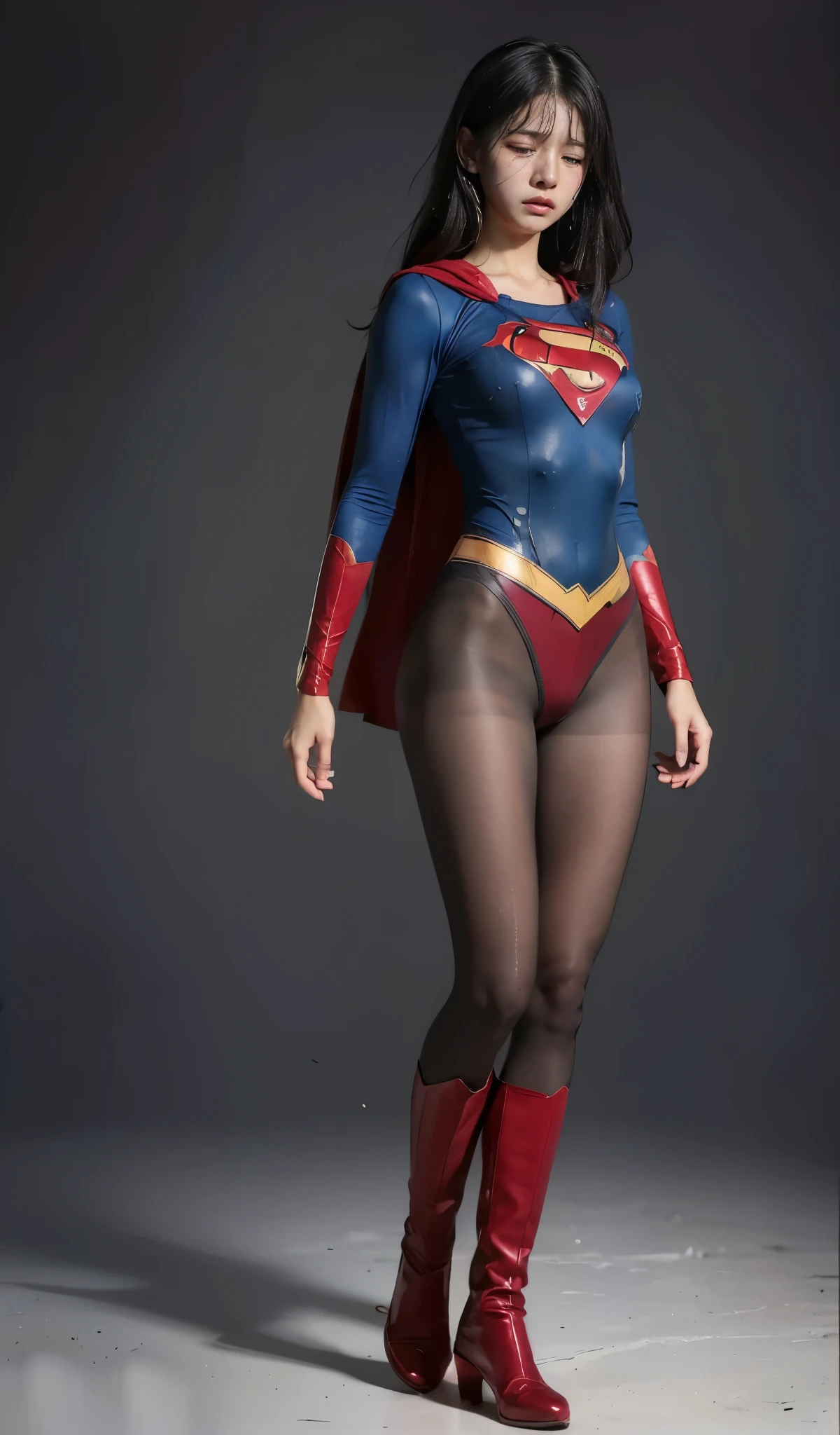 No background、(((Tears overflow from my eyes)))、(((Are crying)))、(((Sweating)))、(((Sweaty)))、(((I'm always sweating)))、(((Withstanding the heat)))、(((Beautiful legs in black tights.)))、(((Legally express your painful beauty)))、((((Make the most of your original images)))、(((体にぴったりフィットするSupergirl Costume)))、(((Supergirl Costume)))、(((short and beautiful hair)))、(((suffering)))、(((Please wear black tights....、Wear red boots)))、((Best image quality、8k))、((Highest quality、8k、masterpiece:1.3))、(((Preserve background )))、Sharp focus:1.2、Beautiful woman with perfect figure:1.4、Slim Abs:1.2、Wet body:1.5、Highly detailed face and skin texture、8k