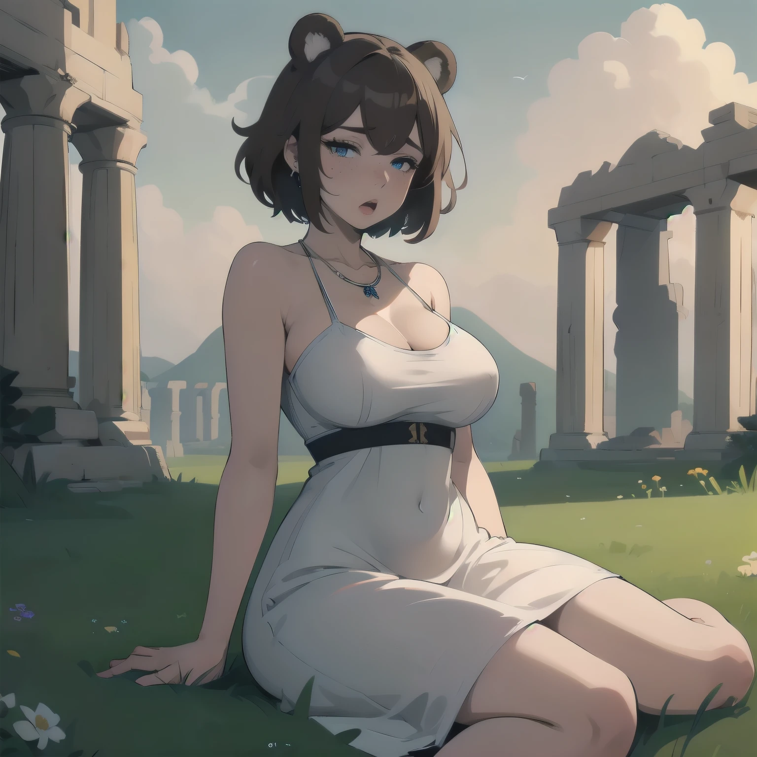 (masterpiece), 1girl, solo, best quality, blue eyes, perfect face, best quality, kemonomimi, bear ears, animal ears, brown hair, short hair, messy_hair,  BREAK freckles, huge breasts, hourglass figure, (greek clothes), sitting on grass, :o, half closed eyes, white dress, greek clothes, bare shoulders, necklace, earrings, blush, grass, ((ruins)), landscape, outdoors, cloudy_sky, looking at viewer, cleavage cutout, greek clothes, peplos, navel cutout, , barefeet 