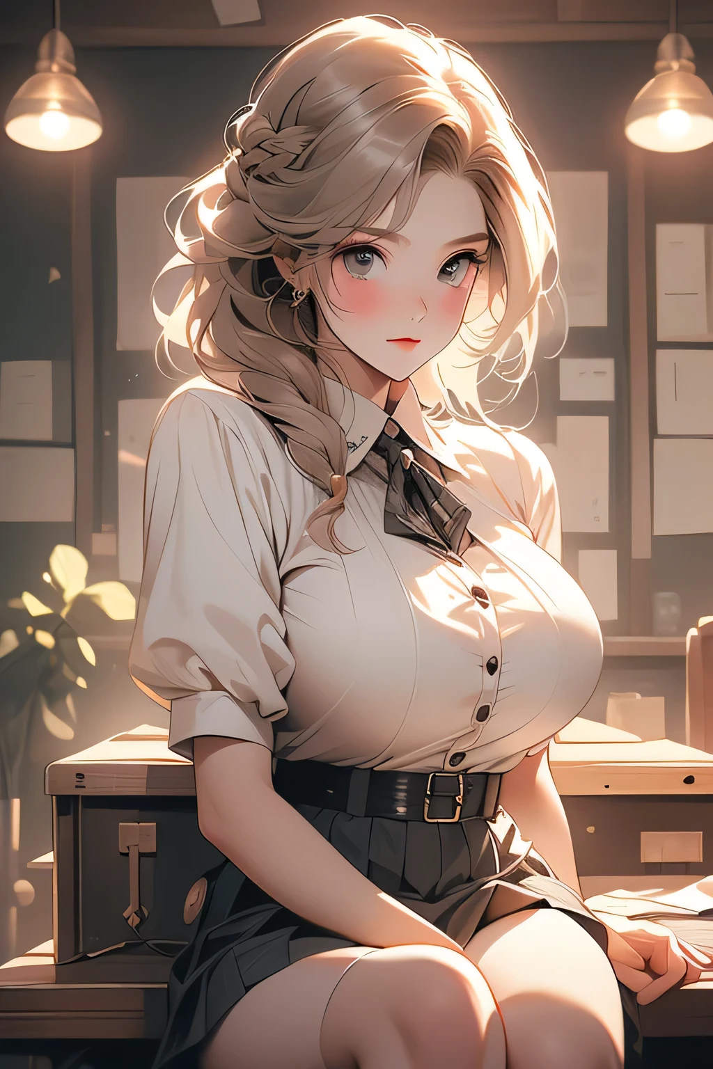 
Highest quality、High resolution、Detailed Background、(Beautiful face in every detail:1.4)、Anatomically correct、Teenage beauty、(Huge breasts:1.3)、(Detailed facial expressions)、Light color hair、Braided Ponytail、Braided bob cut、cute hairstyle、Perfect body line、
No sleeve、cuteJK uniform、Checkered pleated mini skirt、White Stockings、classroom、Accentuate your breasts、Show your side、Blushing、Troubled expression、Cute gestures、Cowboy Shot、(underboob:1.2)、Raise your arms and show your side、
(The button on her uniform blouse has broken and her breasts are spilling out:1.5)、(View from below of a girl sitting at a desk:1.5)、cute