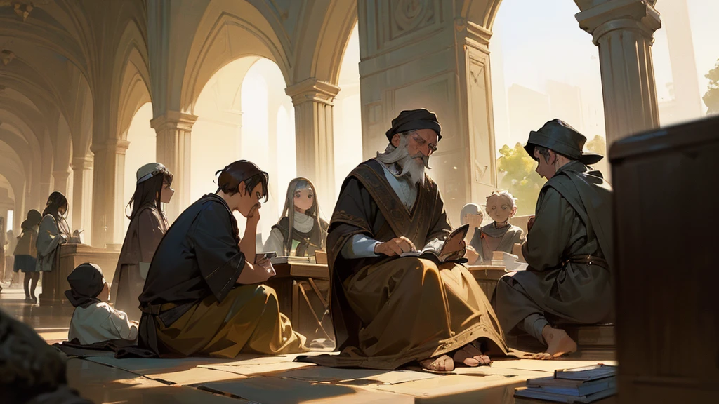 (work of art, best qualityer:1.35) make a group of 7 members children up to 10 years old happy, black, brown, white, all sitting around the philosopher Diogenes, who is holding a book, perfect lighting, perfect shading