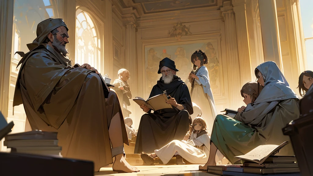 (work of art, best qualityer:1.35) make a group of 7 members children up to 10 years old happy, black, brown, white, all sitting around the philosopher Diogenes, who is holding a book, perfect lighting, perfect shading