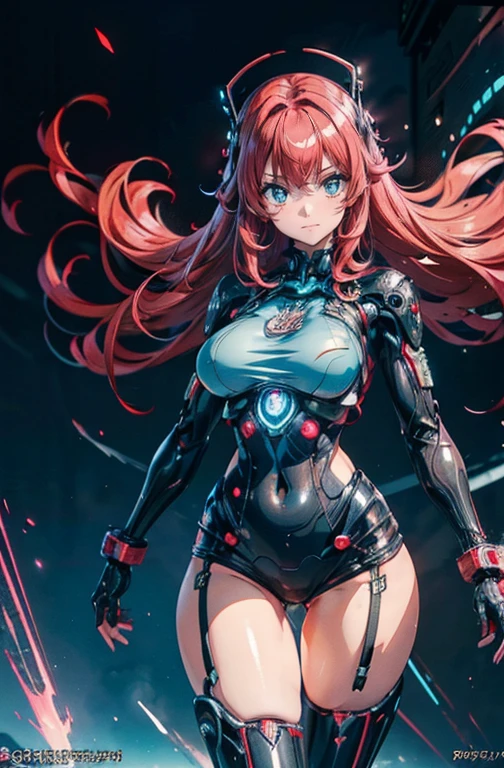 Anime Kawaii sexy Perfect Slim sensual body large breast and huge thighs, An intricate and highly detailed illustration of anime (Young girl). work of art , Kizi ,breasts big. very long red hair , ((shining blue eyes)) , declive , perfect figure , ( technological clothing:1.2) , cyber punk , Prepare your weapon?.future , moderno , in cyber punk city, drlight smile , face detailed ,, , (8k, 最high qualiy 1.2), very detailled, 8k uhd,, soft lighting, high qualiy, film grain, beautiful lighting,, (cinematic:1.4) ,perfectbody , better lighting, best shade, sharpening, sharp contrast,