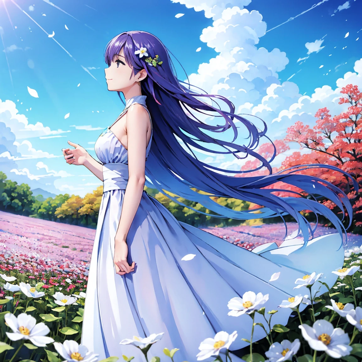 (High resolution、Very detailed、Hmph、movie)、alone、1 girl、happiness、Girl Standing In Cosmos Flower Garden、Girl around the petals、Cute Smile、Whole Body Ezbian、Girl with long blue hair、Light blueの髪、Look forward、Fantasy、Official Art、Pop Art、profile、Very detailed顔、Very detailed目、Cosmos Flower Garden、Ultra Detailed Fields、White blue sky、 Light blue、Blanche、Sky nebula、Autumn foliage scenery、Watercolor、pastel colour