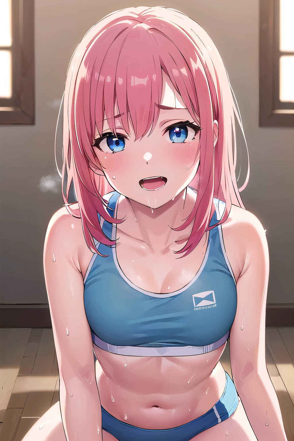 (8K, top-quality, masterpiece:1.2), (reallistic, Photorealsitic:1.37), Super Detail, One girl,), (Highly detailed), (beautifully detailed eyes), (of the highest quality), (super detailed ), (masterpiece), (Detailed face),20yr old, ,1 girl, ((pink hair,long hair)), medium breasts, clothed, Perfect Lighting, BREAK (blue buruma:1.5), (sports bra, fuchsia:1.4), (white quarter socks:1.2), BRAKE (upperbody to thigh:1.3), (smile:1.2), (looking at viewer:1.1), (white background:1.1), BRAKE (sweat:1.5), (steam:1.2), (masturbation:1.2), (girl trembling with sexual climax:1.1), (looking at viewer:1.3), (open mouth:1.2), (NSFW:1.5)