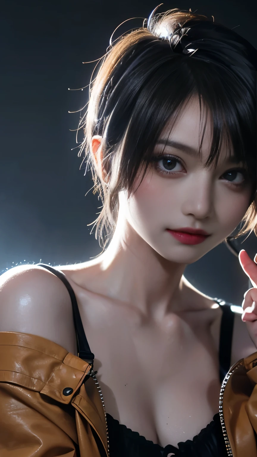 (masterpiece, Highest quality, Highest quality, Official Art, beautifully、beautiful:1.2), Cinema Lighting、(Key light at 45 degrees from the front,Orange Fill Light、Soft Blue Backlight、Strong Shadows、Blue and orange color palette), Accurate human body、Knowledgeable person、Correct five-finger、4K - ultra-vivid、Highest quality, masterpiece, Ultra-high resolution, Detailed Background、The perfect background、
((Oilskin,Glowing Skin、Realistic skin texture、Beautiful skin in every detail、Glowing Skin、Slimy skin、Glowing Skin、Glowing Skin)), White skin, Real human skin, (Familiar), Oval Face, pore, Ultra-high resolution, (8k, RAW Photos, Realistic: 1.4), One Girl, slim, (kind, Goddess-like eyes) happiness: 1.2), (Lip gloss, eyelash, Terrible face, Highest quality, Ultra-high resolution, Wide Lighting, Natural Shading)、Sexy Girls、Absolute area、Long beautiful slim legs、Short hair length、Sexy smile expression:0.8, (dark, dark部屋:0.8)、