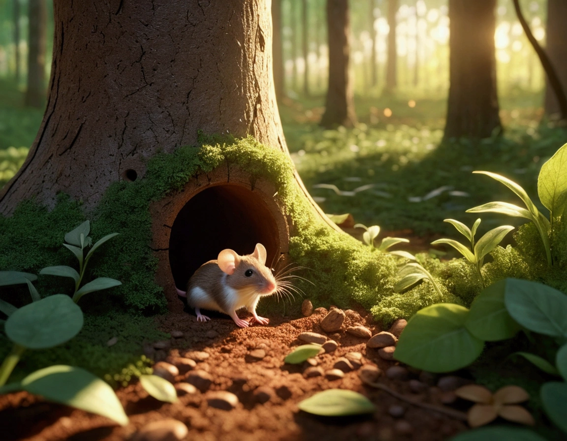 A breathtaking, hyperrealistic view of a magical Woods at dawn. Lush green trees tower over a clearing bathed in the warm glow of the rising sun. A tiny brown and white mouse family emerges from a hole near the baseboard. 8k, 3d like, animation style, cute and adorable, cinematic.
