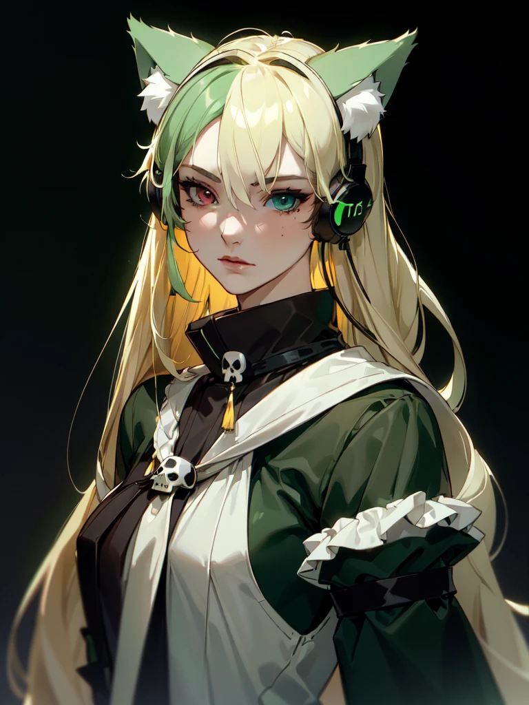 (((Portrait Photo))), She has the Appearance of an Elegant and Poised , with a Small, Slender Build who Displays a Calm Demeanor. Her Long, Flowing Blonde Hair Cascades Down Her Back in Soft Waves. Her Two-Tone Eyes are Large and Expressive, Filled with a Gentle Serenity and a Hint of Mystery. Her Expression is Calm and Reflective, with a Slightly Unfocused Look, Conveying a Sense of Inner Peace and Absolute Calm. (((High Quality, Dark Background))), (((Portrait Photo))), (((Cat Ears))), (((Green Gradient Hair))), (((Heterochromia))), (((Skull-Shaped Headphones))), (((High-Fashion Outfit))), (((edgdlf)))