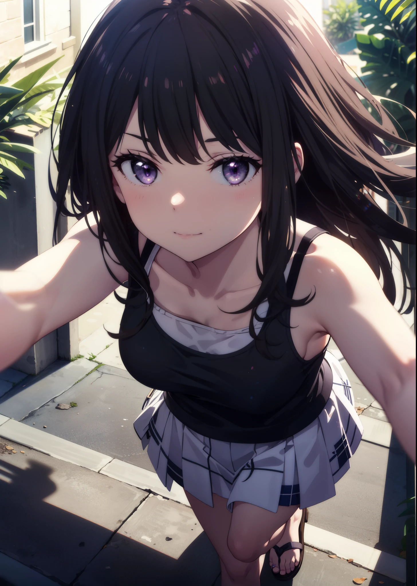 Takiuchikami, Check it out, Long Hair, bangs, Black Hair, (Purple eyes:1.2),Blue Tank Top,White long skirt,Heeled Sandals,Daytime,Clear skies,Palm tree,Walking,smile,Close your mouth,blush,whole bodyがイラストに入るように,
break outdoors, tropical,Tropical,Coastal Road,Building district,
break looking at viewer, whole body,
break (masterpiece:1.2), Highest quality, High resolution, unity 8k wallpaper, (figure:0.8), (Beautiful attention to detail:1.6), Highly detailed face, Perfect lighting, Highly detailed CG, (Perfect hands, Perfect Anatomy),